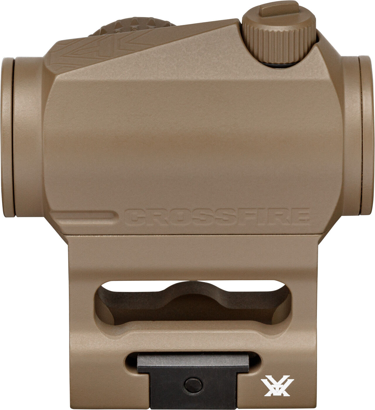 Close-up des Vortex Crossfire Rotpunktvisiers in brauner Farbe mit montierter Halterung