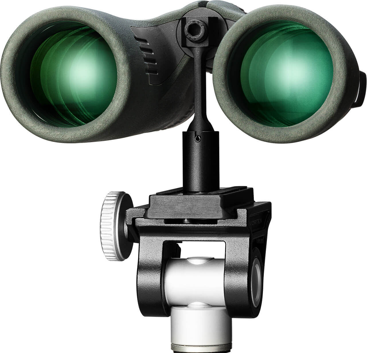 Ein modernes Fernglas mit grün getönten Linsen, montiert auf einem stabilen Stativ, ideal für Outdoor-Aktivitäten und Vogelbeobachtung.