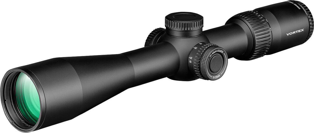 Ein schwarzes Zielfernrohr mit grüner Linse und einstellbaren Drehreglern, ideal für Schießsport und Jagd