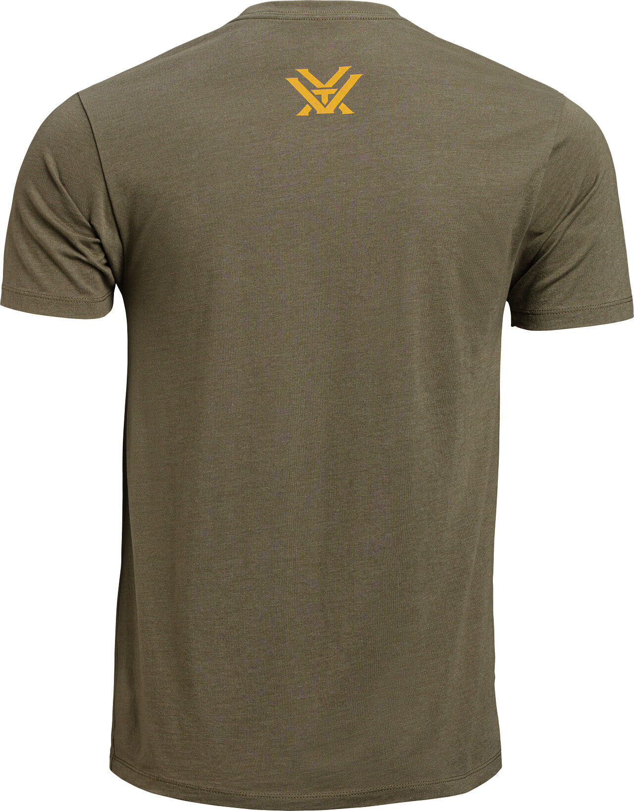 Olivgrünes T-Shirt mit gelbem Logo auf der Rückseite