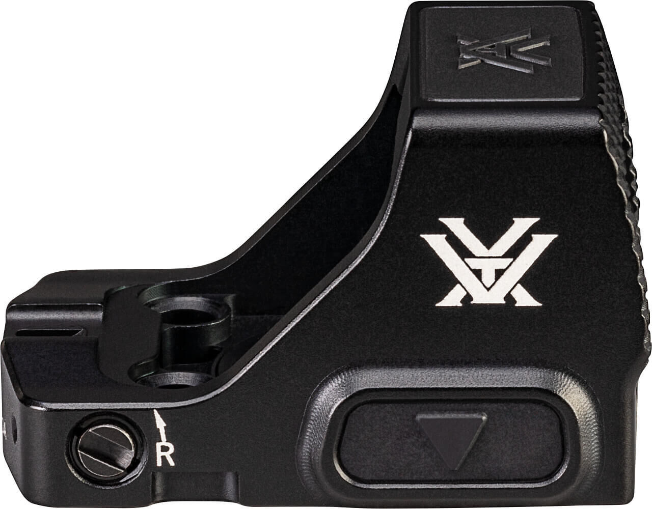 Schwarzes Reflexvisier mit markantem Logo für Waffen oder Sportgeräte
