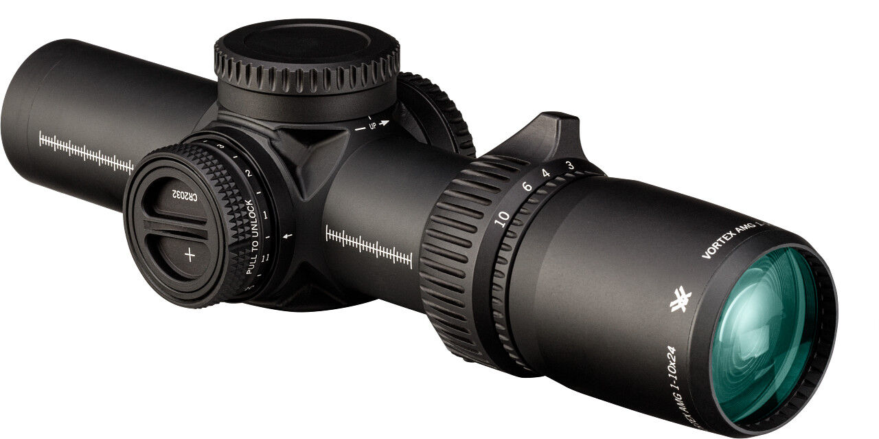 Schwarzes Vortex AMG 1-10x24 Zielfernrohr mit grün vergüteter Frontlinse, Vergrößerungsring und taktischen Einstelltürmen für präzises Schießen