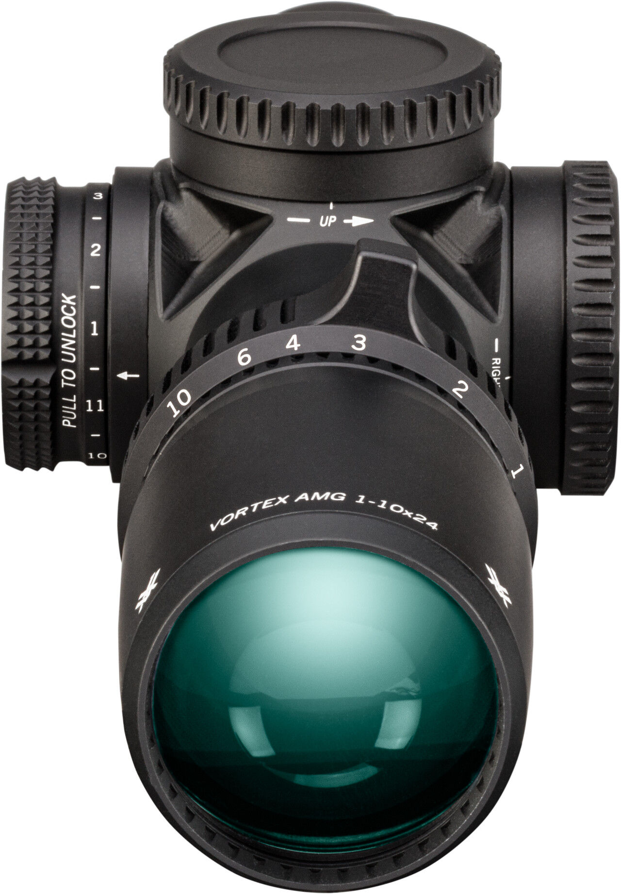 Frontansicht des Vortex AMG 1-10x24 Zielfernrohrs mit großer, grün vergüteter Objektivlinse, Vergrößerungsring und präzisen Verstelltürmen für taktische und sportliche Anwendungen