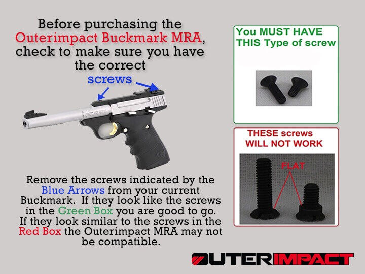 Illustration zur Überprüfung der Schrauben für Outerimpact Buckmark MRA mit Bild eines Pistolenrahmens und zwei unterschiedlichen Schraubenarten.
