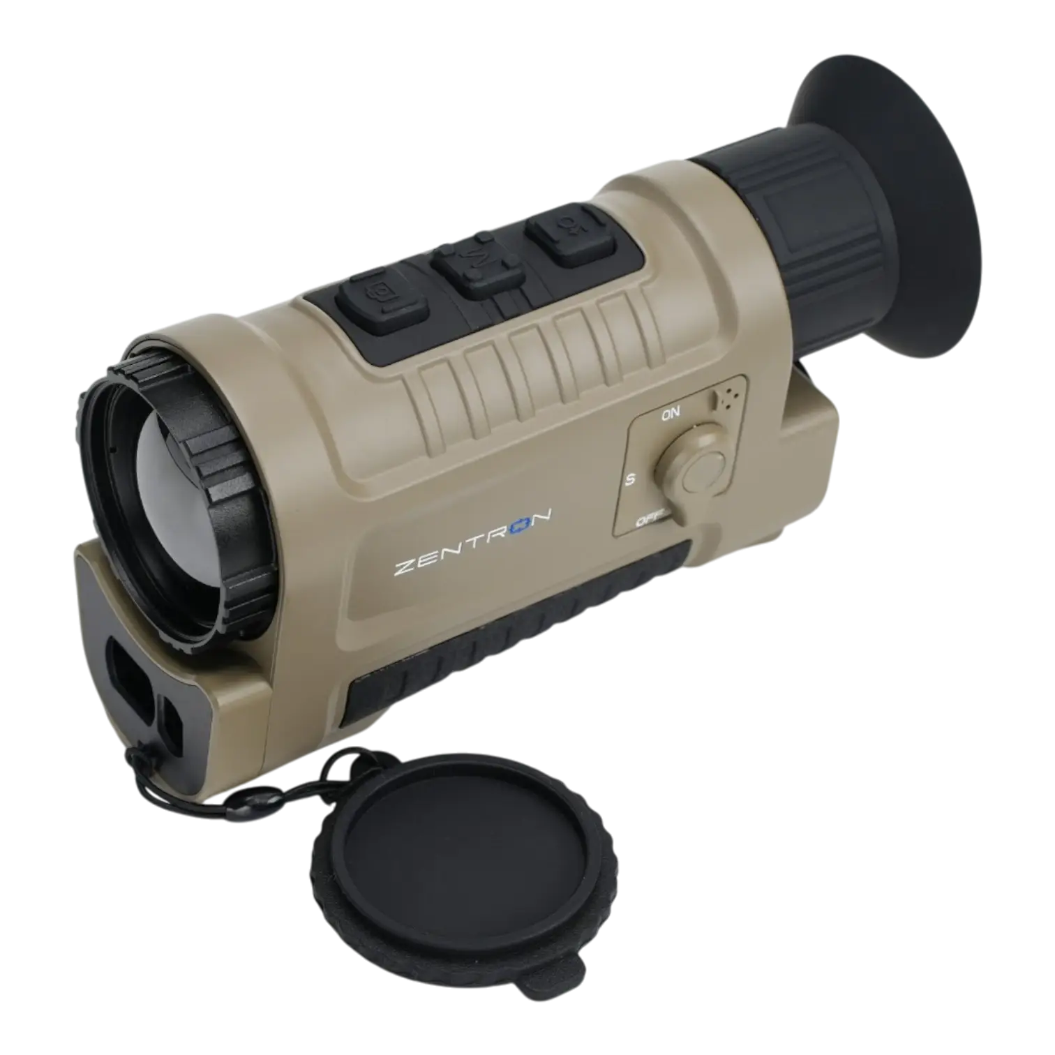 Beige Zentron Wärmebildkamera als handliches Monokular mit großem Objektiv, geöffnetem Schutzdeckel, gummierten Bedientasten und ergonomischem Griff für Jagd und Outdoor