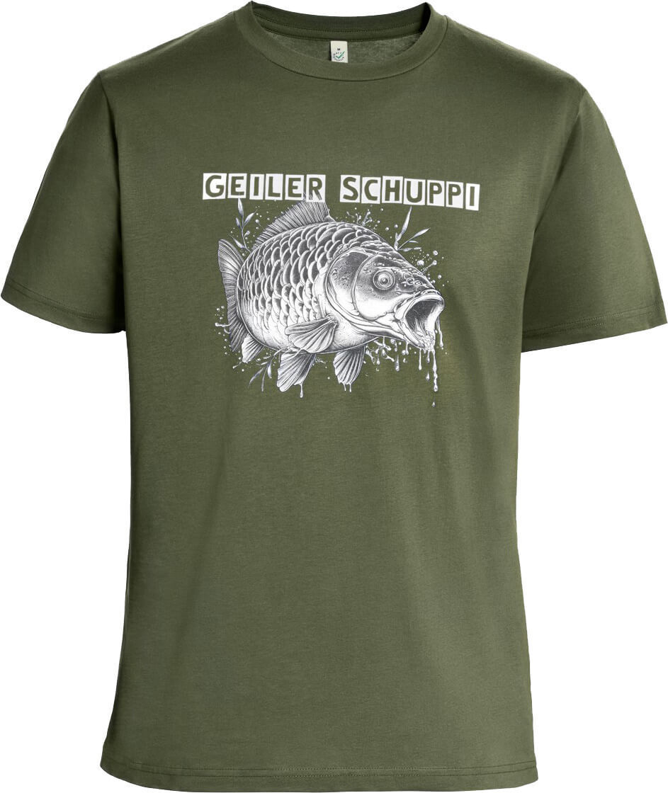 Olives T-Shirt mit Karpfen-Illustration und dem Text ‚Geiler Schuppi‘