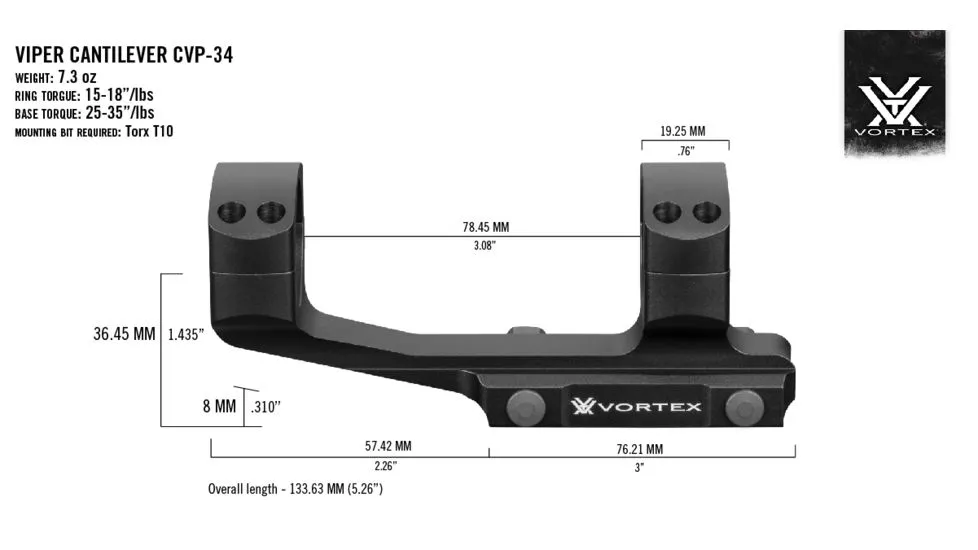 Diagramm der Vortex Viper Cantilever CVP-34 Montagehalterung mit detaillierten Abmessungen und Drehmomentspezifikationen
