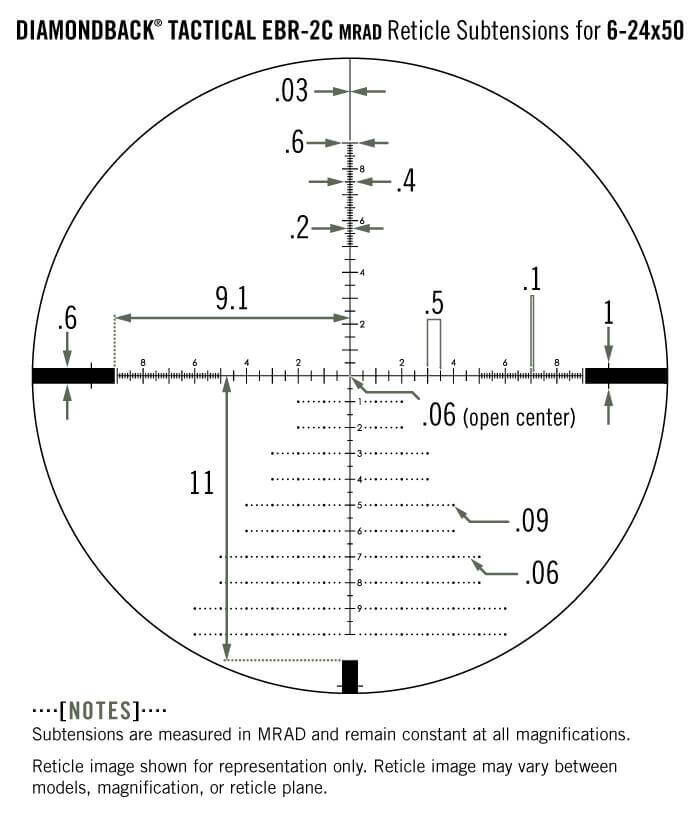 Diagramm der Unterteilungen des Diamondback Tactical EBR-2C MRAD Absehens, das dimensionsgenaue Messungen in Milliradiant für ein 6-24x50 Zielfernrohr zeigt.