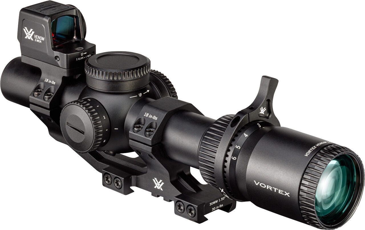 Schwarzes Vortex Zielfernrohr mit montiertem Venom 3 MOA Red-Dot Visier und Montage für taktische Sportwaffen