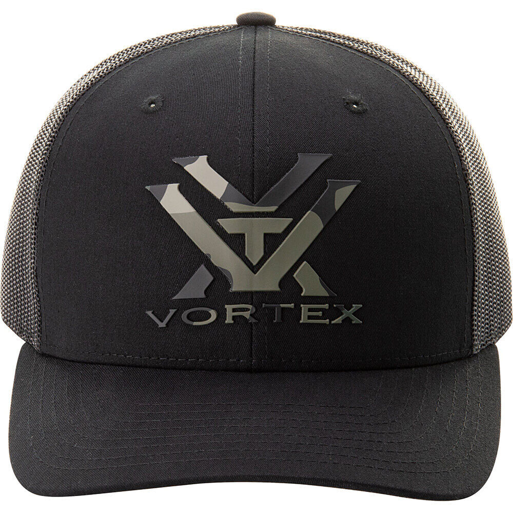 Schwarze Basecap von Vortex mit Mesh-Rückseite und auffälligem Logo auf der Vorderseite