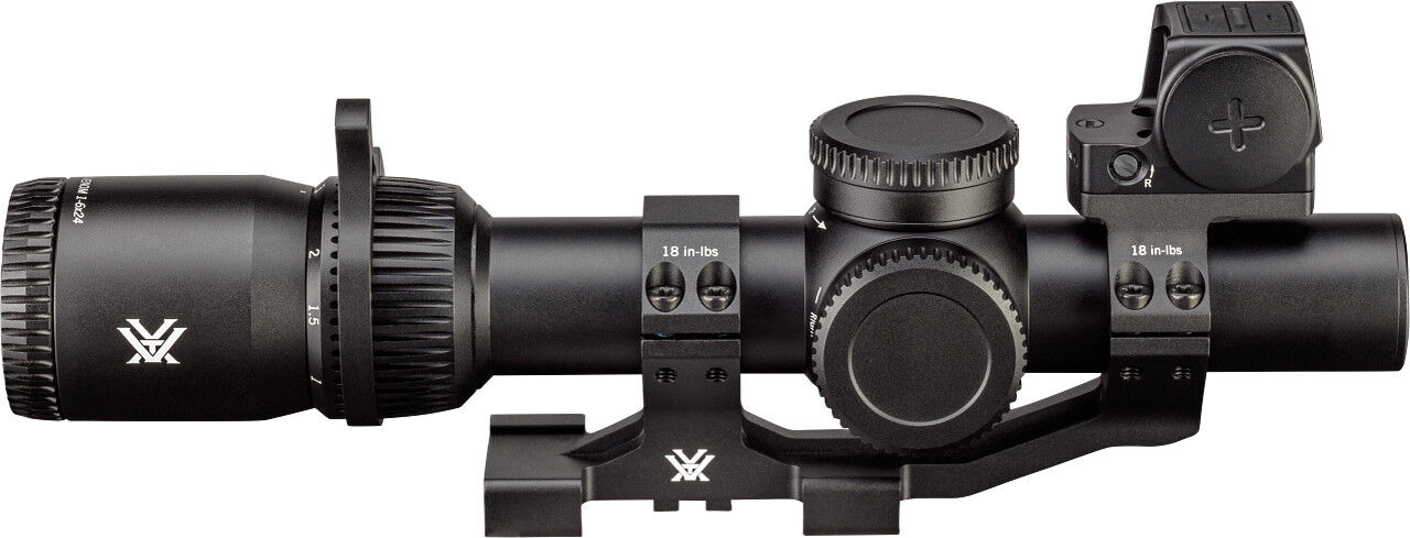 Schwarzes Vortex Zielfernrohr mit integriertem Rotpunktvisier und Montageschiene, seitliche Ansicht des taktischen Optik-Systems für Gewehre