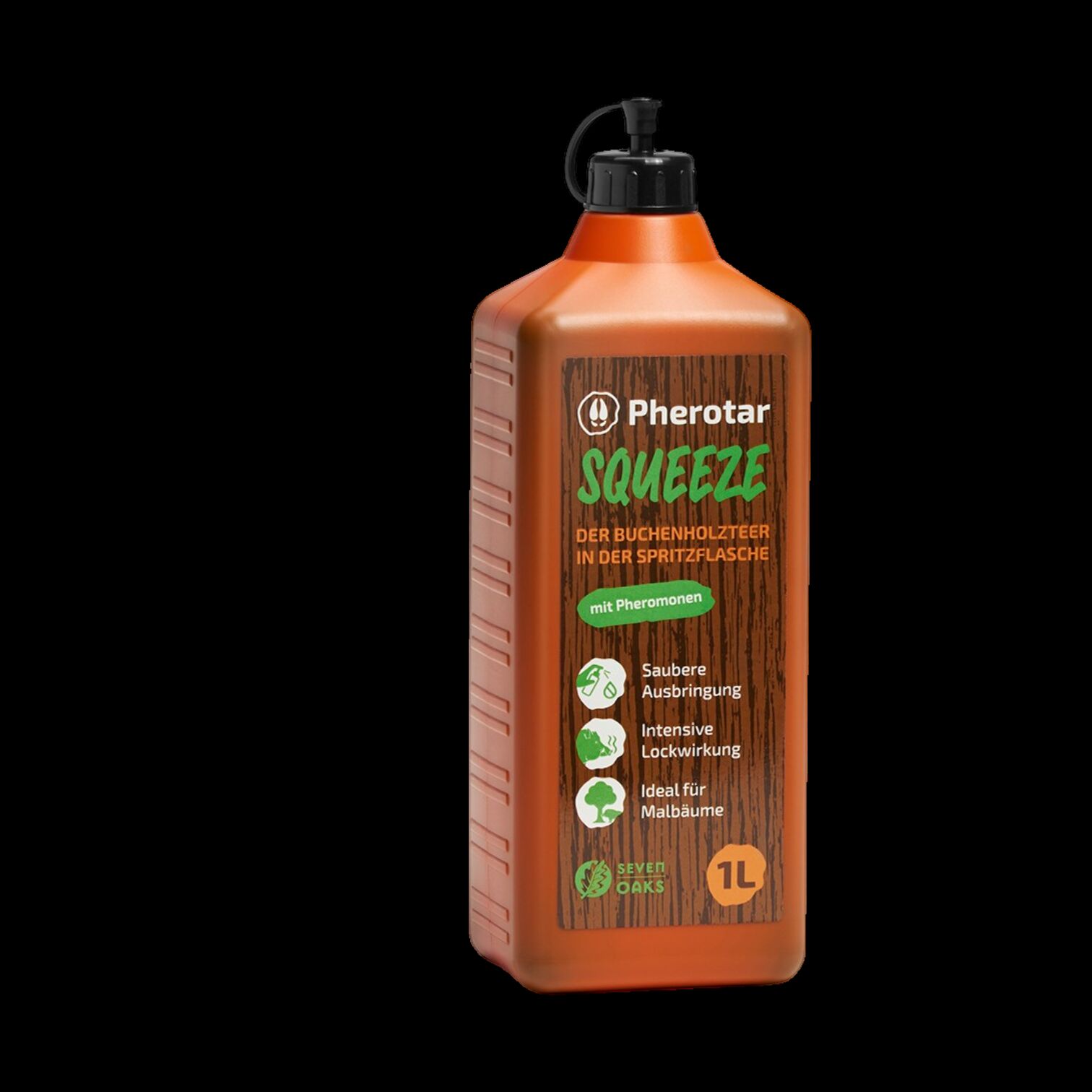 Produktabbildung Pherotar SQUEEZE Buchenholzteer mit Pheromonen in praktischer 1-Liter-Spritzflasche von Seven Oaks als Lockmittel für Schwarzwild und Mahlbäume