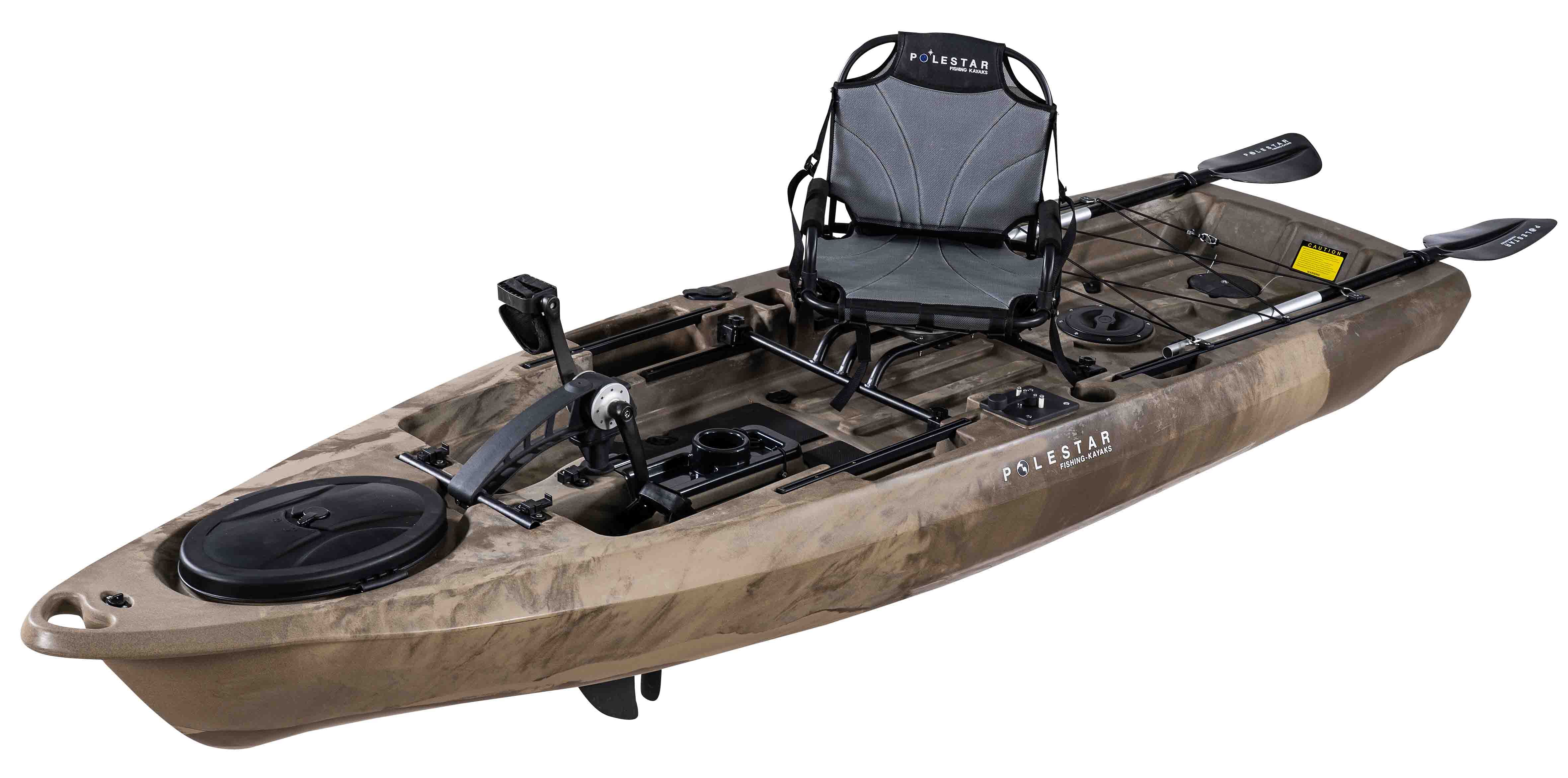 Camouflagefarbenes Anglerkajak mit bequemen Sitz und Pedalantrieb, ideal zum Fischen geeignet