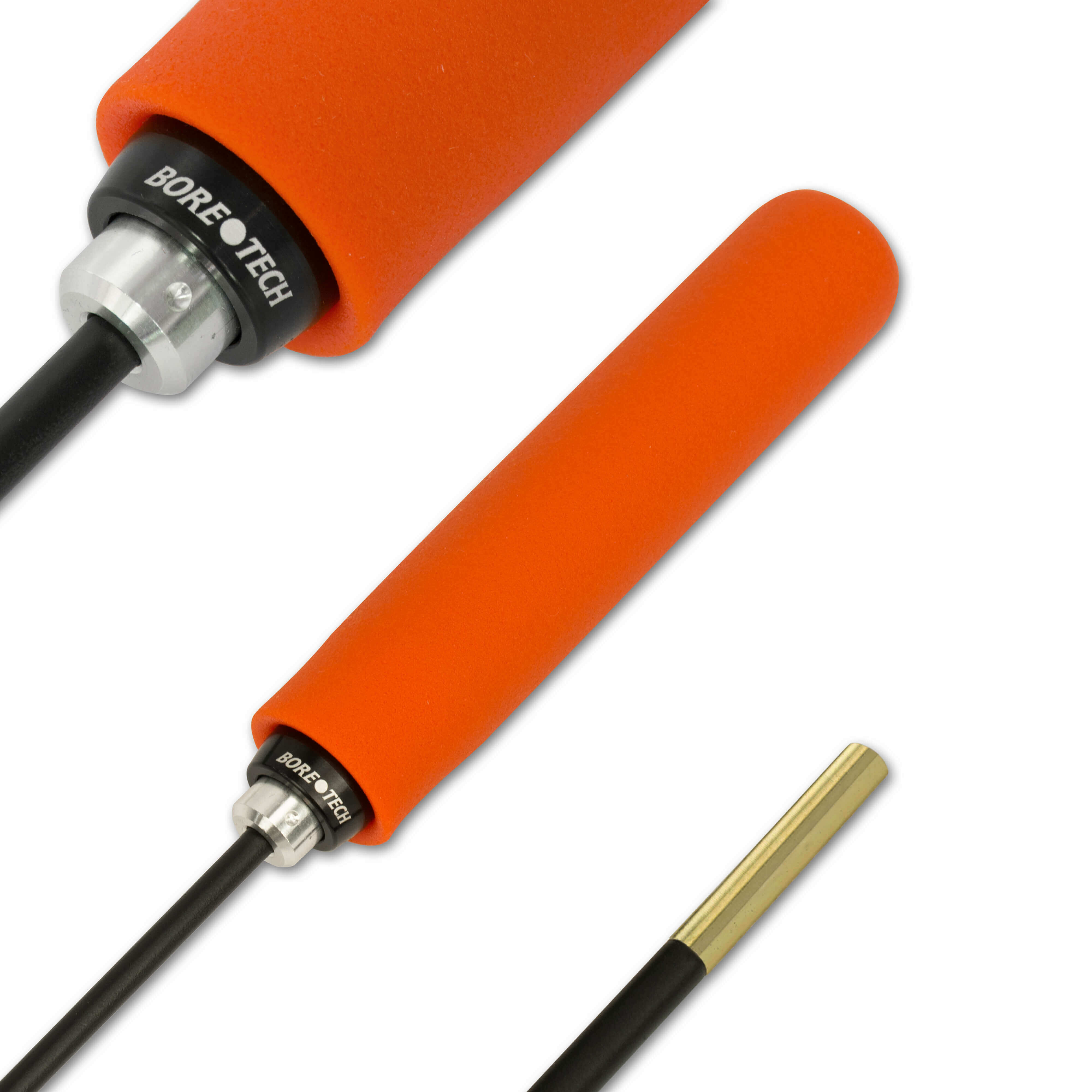 Detailansicht eines Bohrstangen-Reinigungssets von Bore Tech mit orangefarbenem Griff und schwarz-goldenem Stab