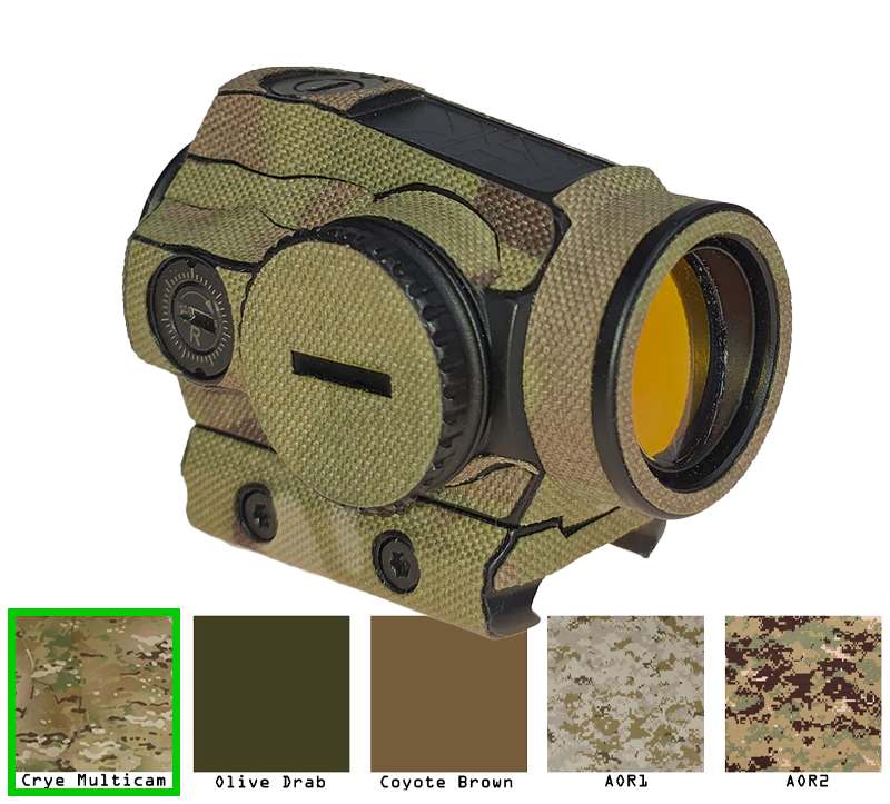 Ein taktisches Visier mit Crye Multicam-Tarnmuster und verschiedenen Farboptionen im Hintergrund, einschließlich Olive Drab und Coyote Brown.