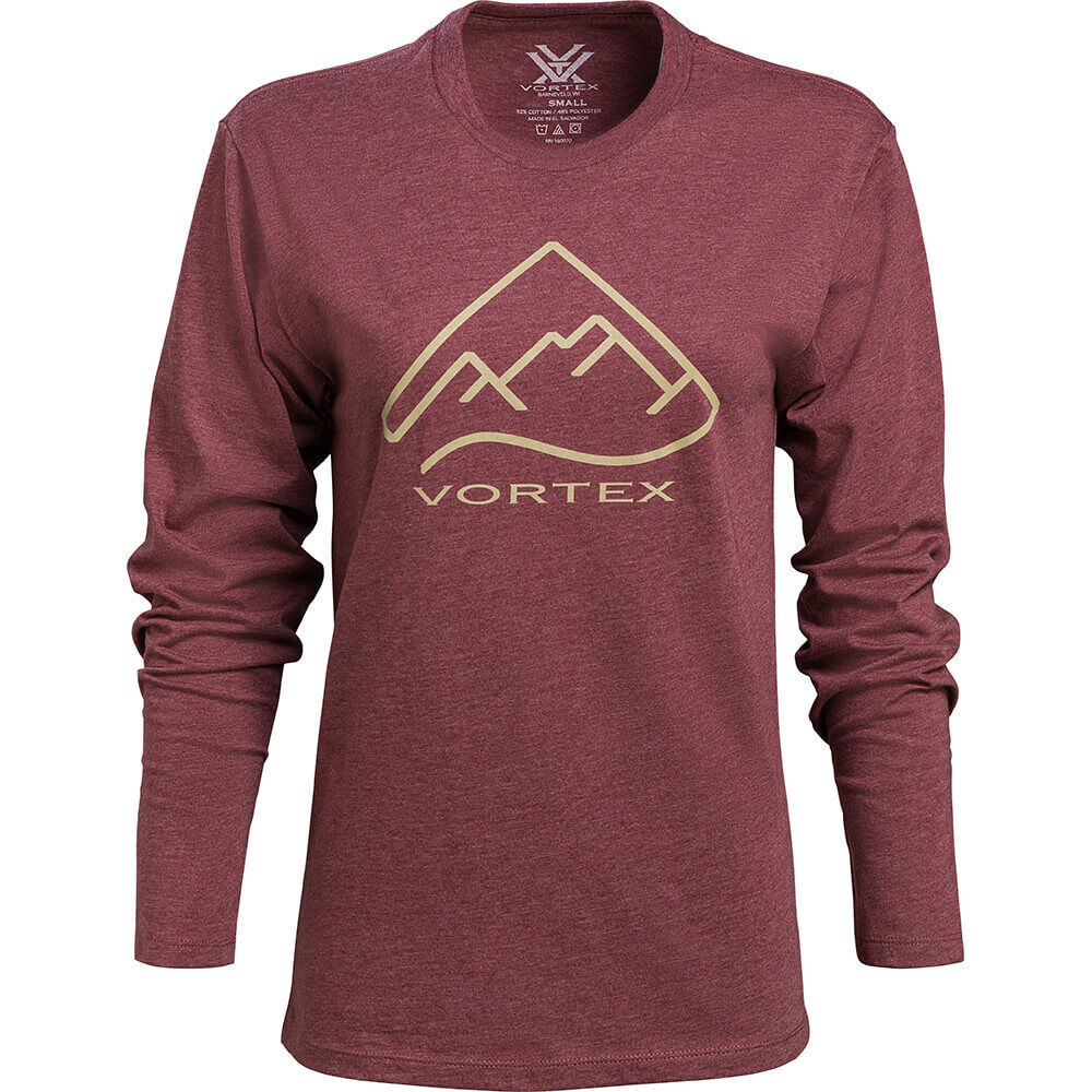 Langarmshirt in Bordeauxrot mit Vortex-Logo und Bergmotiv