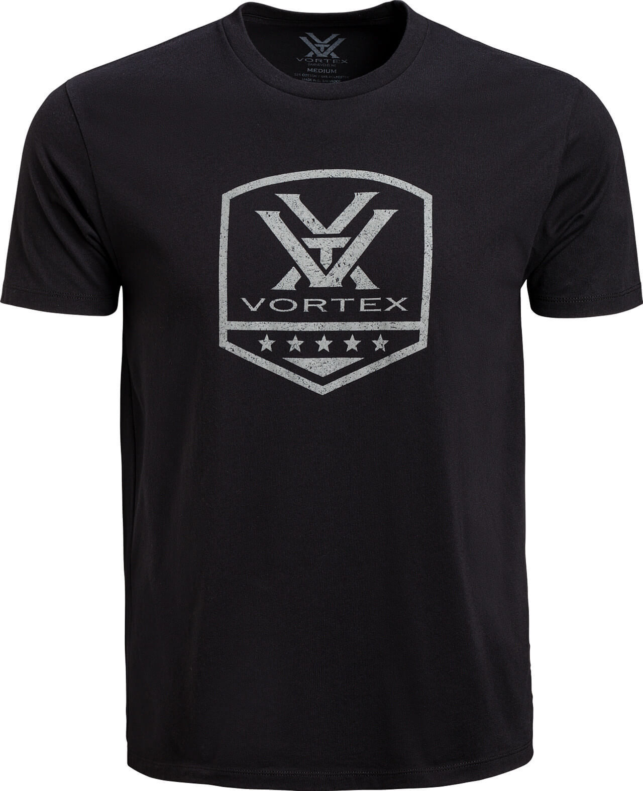 Schwarzes T-Shirt mit großem Vortex-Logo und fünf Sternen darunter, geeignet für Freizeit und Sport
