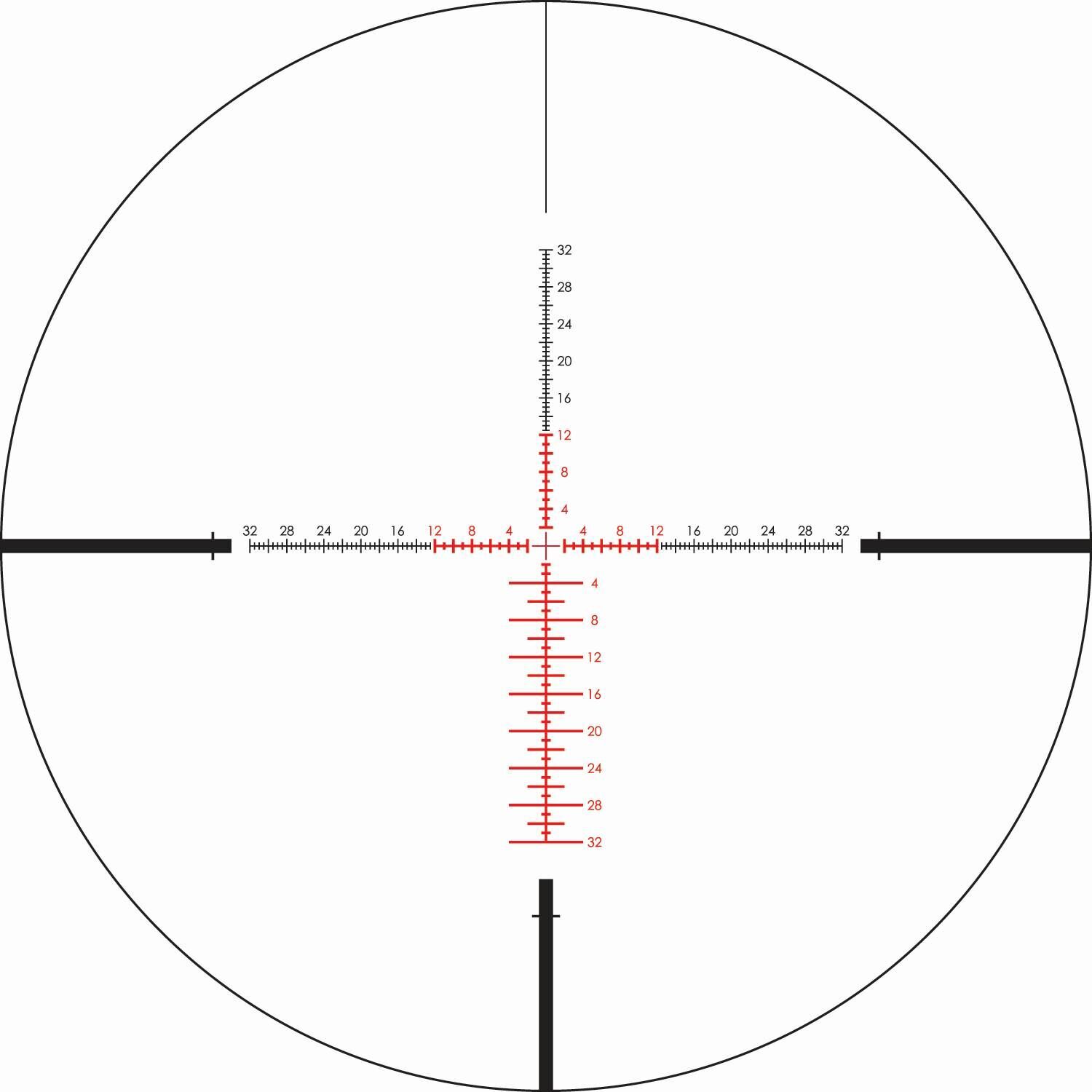 Absehen mit Skala in einem Zielfernrohr, die Markierungen zeigen Entfernungen und Windkorrekturen an.