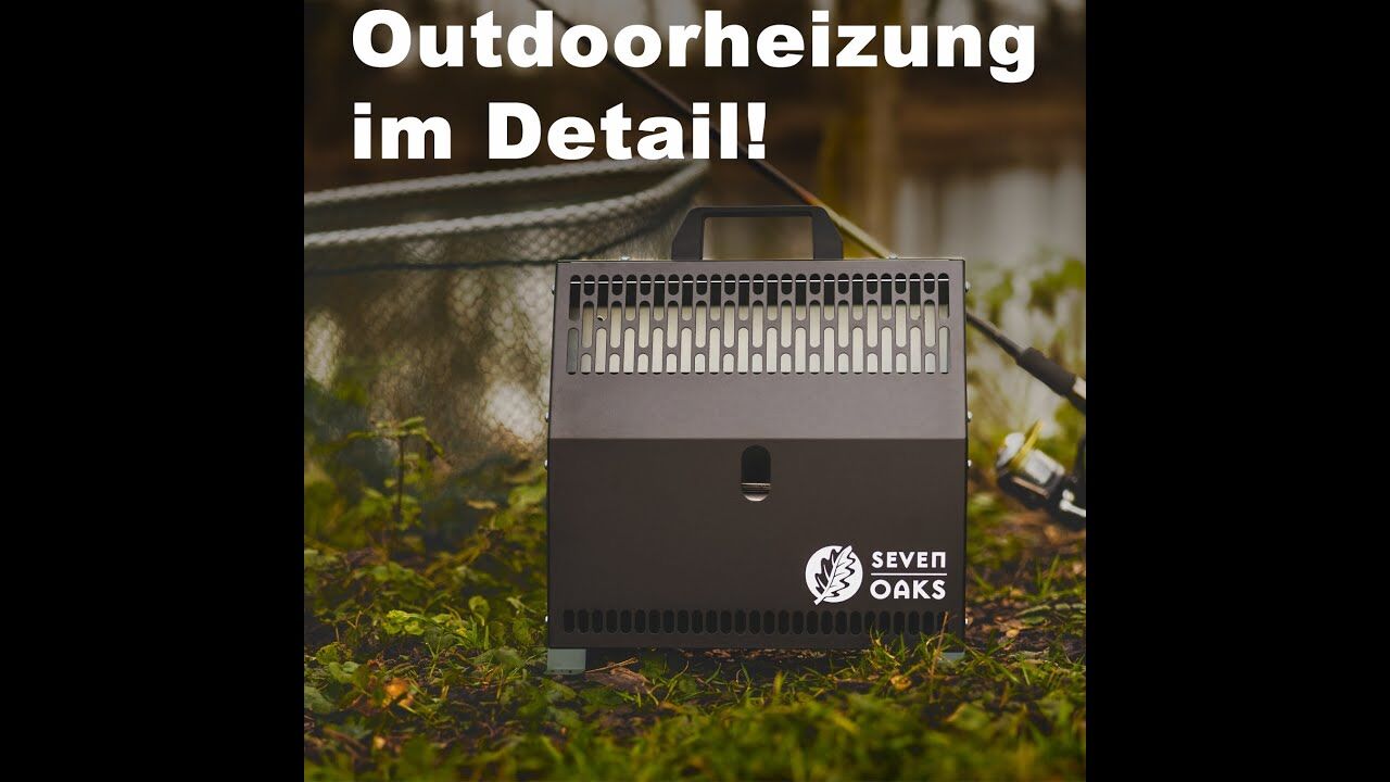 Outdoorheizung von Seven Oaks im Detail vor einer Angelrute, umgeben von Pflanzen