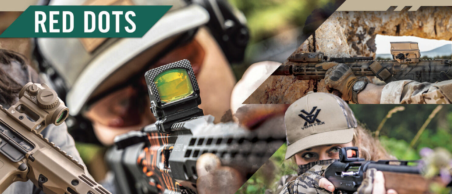 Collage von Schützen, die Red-Dot-Visiere an Waffen in verschiedenen Outdoor-Szenarien einsetzen