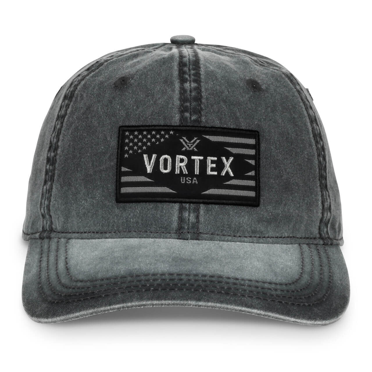 Graue Baseballkappe mit Vortex USA Logo und amerikanischer Flagge