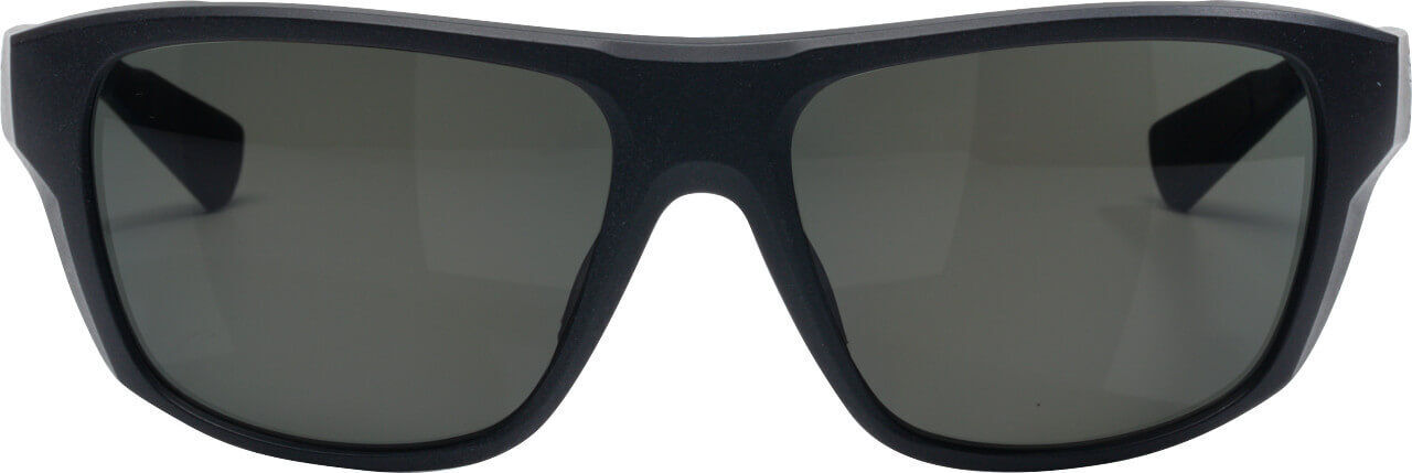Nahaufnahme einer modernen Sonnenbrille mit dunkel getönten Gläsern und einem breiten schwarzen Rahmen
