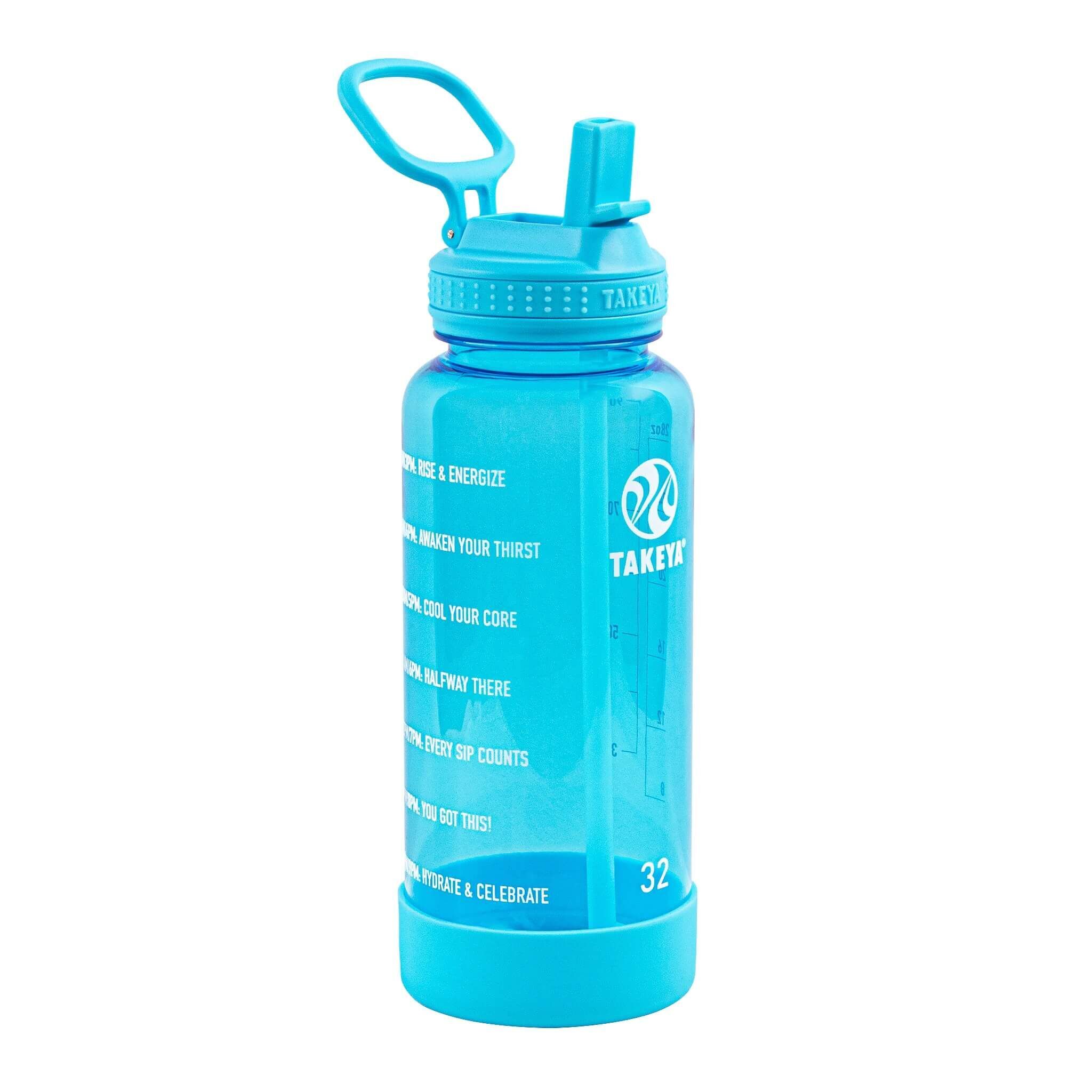 Blaue Takeya-Wasserflasche mit aufklappbarem Trinkhalmdeckel, 32 oz Volumen.