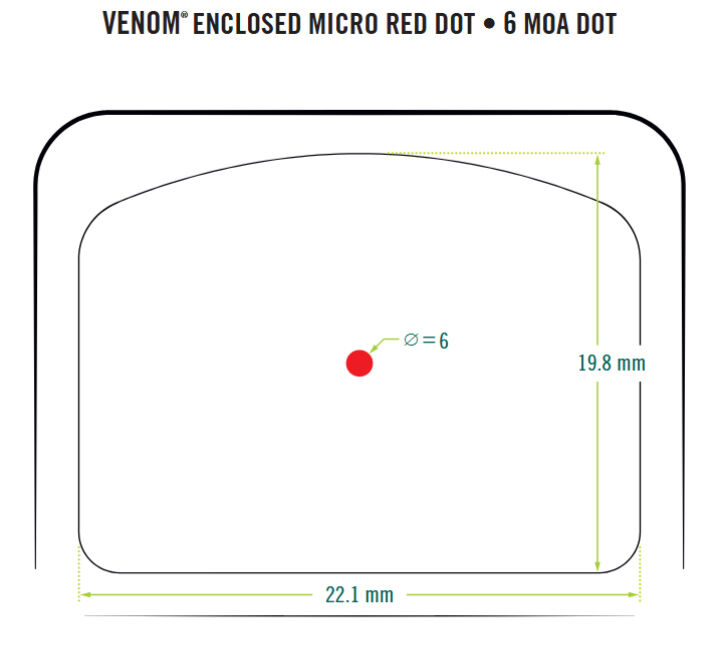 Diagramm des VENOM Enclosed Micro Red Dot mit 6 MOA, Abmessungen 22,1 mm x 19,8 mm