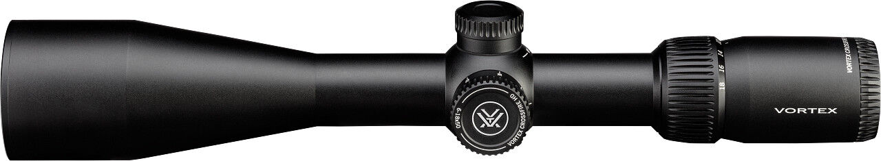 Schwarzes Zielfernrohr von Vortex mit Vergrößerungseinstellung und Justierrädern