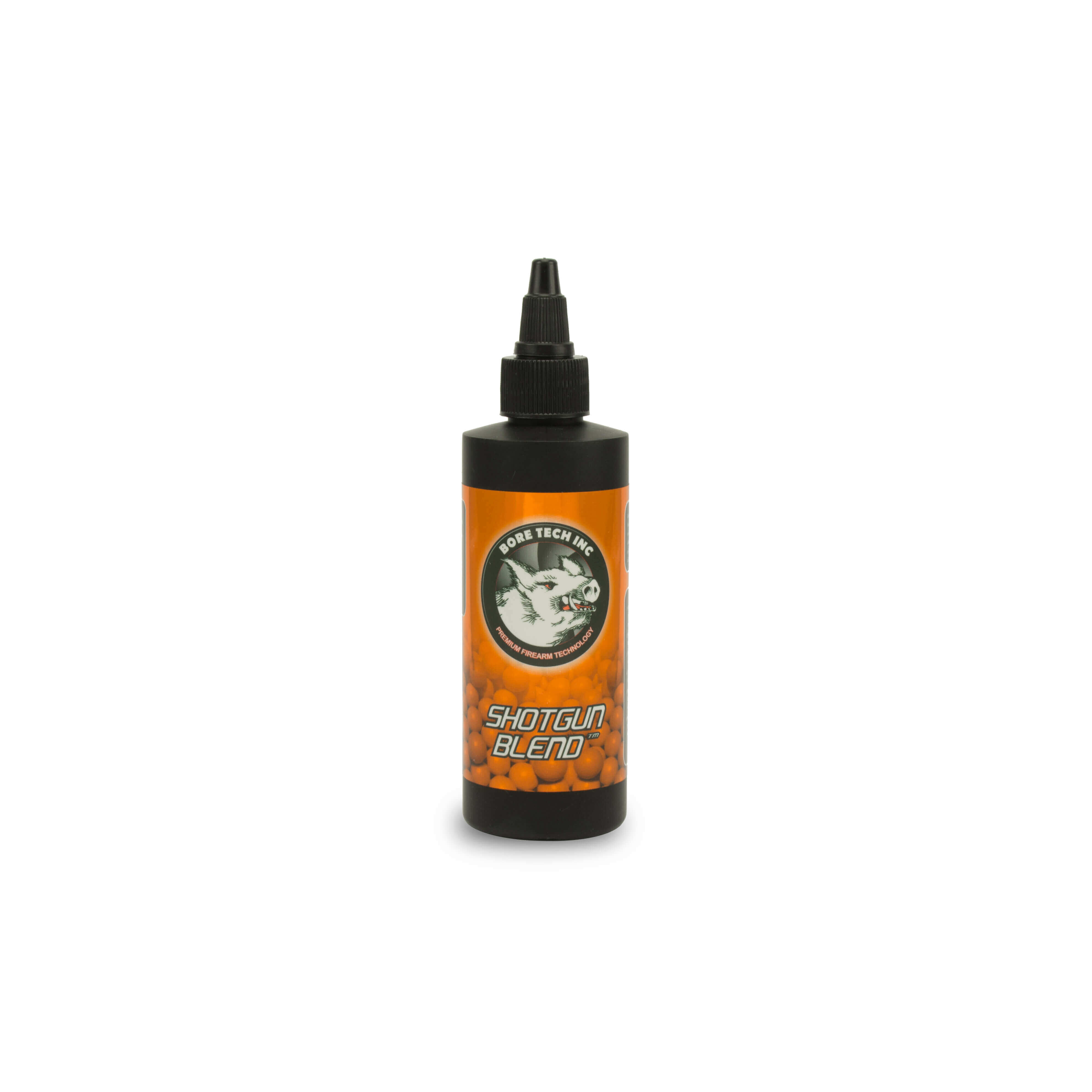 Bore Tech Shotgun Blend Reinigungsflüssigkeit in einer schwarzen Flasche mit orangefarbenem Etikett, 118ml.