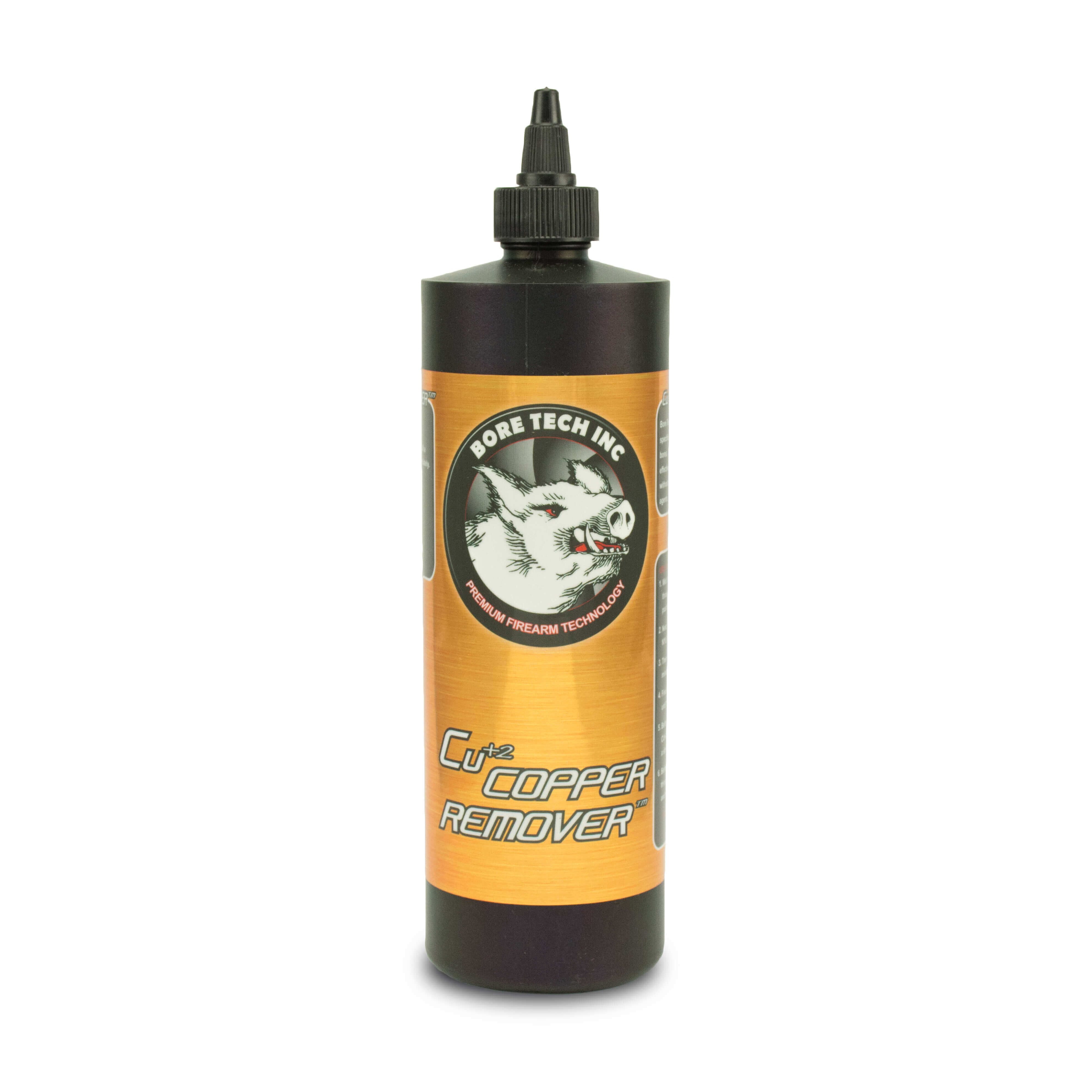 Flasche Bore Tech CU+2 Kupferentferner mit schwarzem Verschluss und orangefarbenem Etikett, zur Reinigung von Schusswaffen