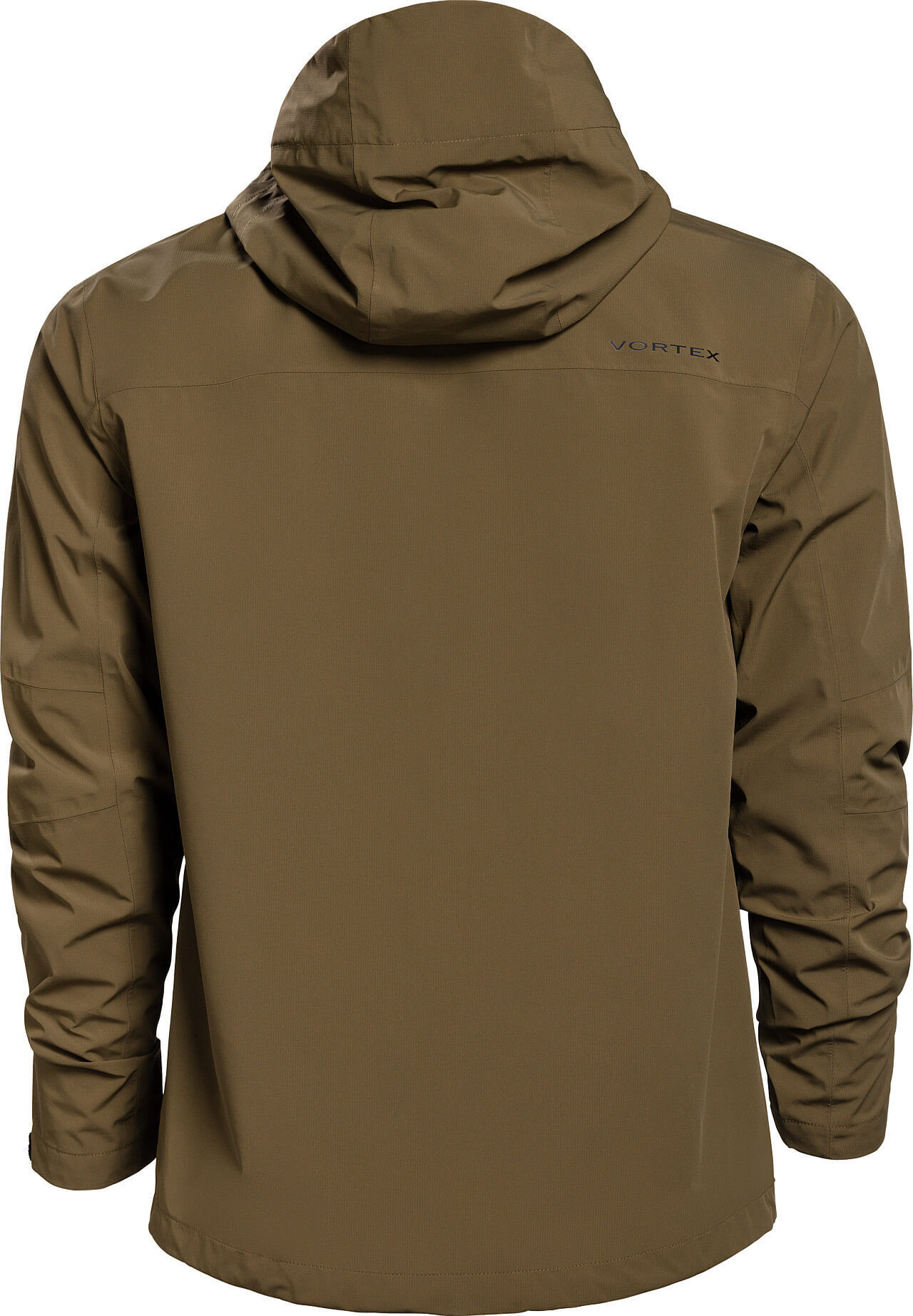 Ansicht einer olivfarbenen Outdoor-Jacke mit Kapuze von hinten