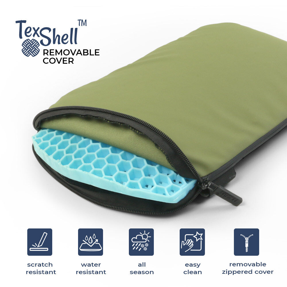Nahaufnahme der TexShell Hülle mit abnehmbarem und wasserfestem Reißverschlussbezug, ideal für alle Jahreszeiten. Innen sichtbar ist das blaue Wabendesign.