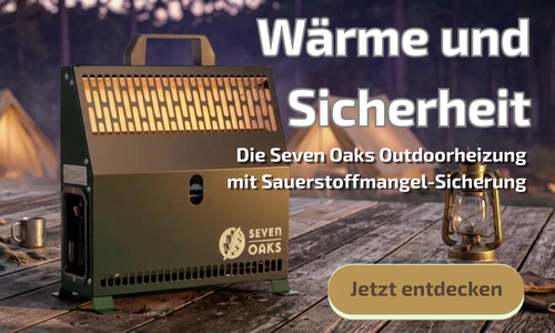 Seven Oaks Outdoorheizung auf Holzterrasse vor Zelten, sichere Wärmequelle mit Sauerstoffmangel-Sicherung für Camping und Garten