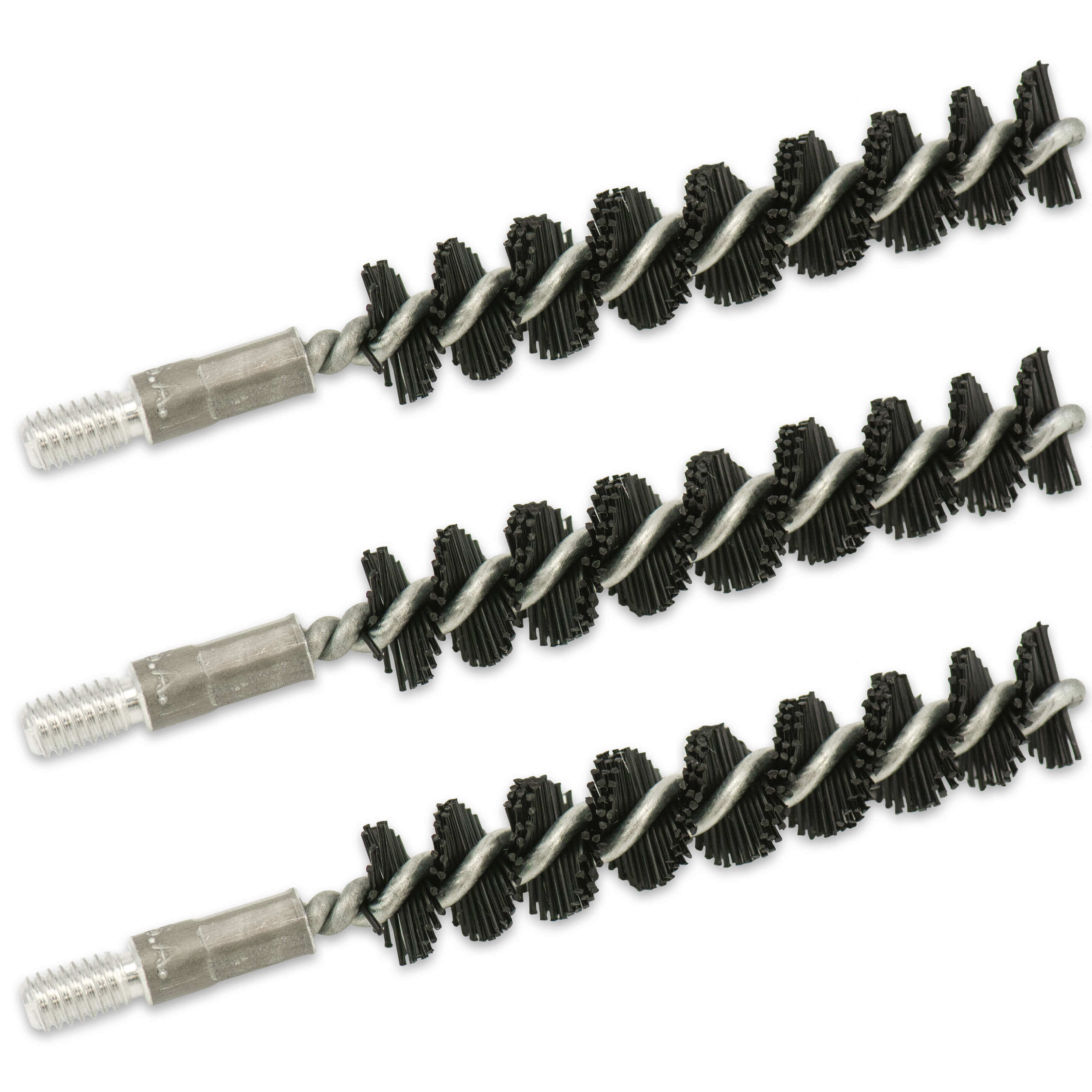 Drei flexible Reinigungsbürsten mit schwarzem Borstenkopf und Metallgewinde, nebeneinander liegend