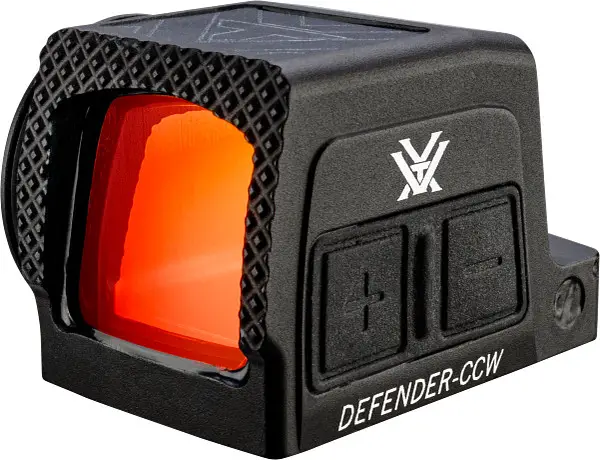 Schwarzes Vortex Defender-CCW Rotpunktvisier mit roter Linse und seitlichen Bedientasten für Pistolen