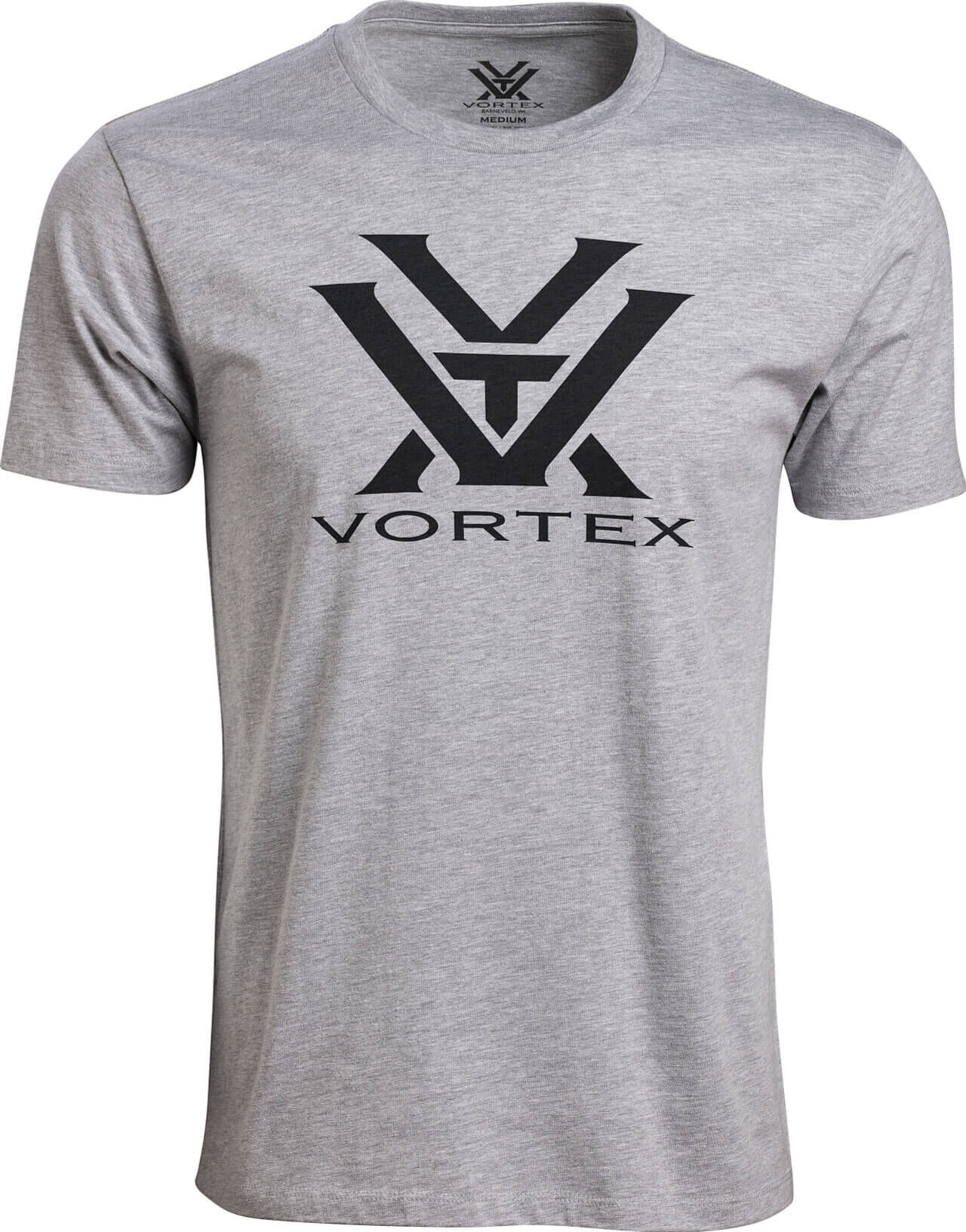 Graues T-Shirt mit schwarzem Vortex-Logo auf der Vorderseite