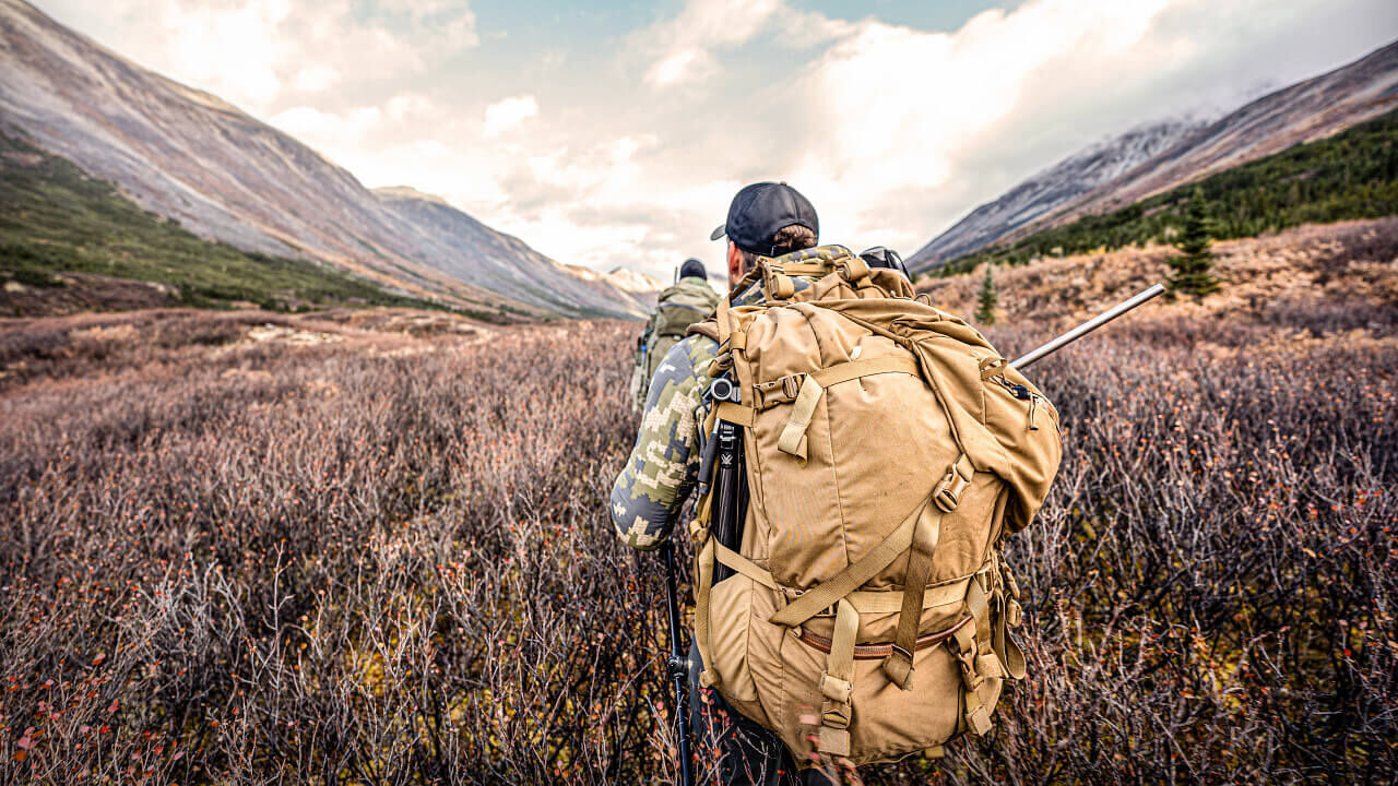Rückansicht eines Wanderers mit großem Rucksack in einer weiten, bergigen Landschaft mit Herbstvegetation