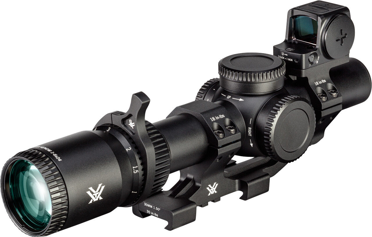 Schwarzes Vortex Zielfernrohr mit verstellbarem Zoomring, Justiertürmen, Montageschiene und oben aufgesetztem Reflexvisier für Sport- und Jagdgewehre