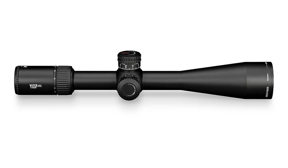 Seitenansicht eines Viper PST Gen II 5-25x50 Zielfernrohrs mit schwarzem Gehäuse