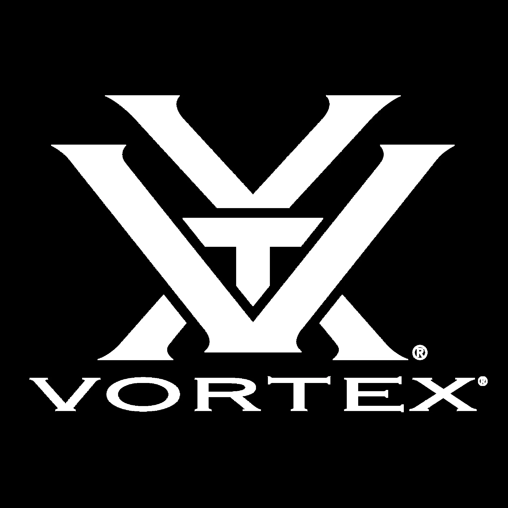 Weißes Vortex Optics Logo mit stilisiertem V und T über dem Schriftzug VORTEX auf schwarzem Hintergrund