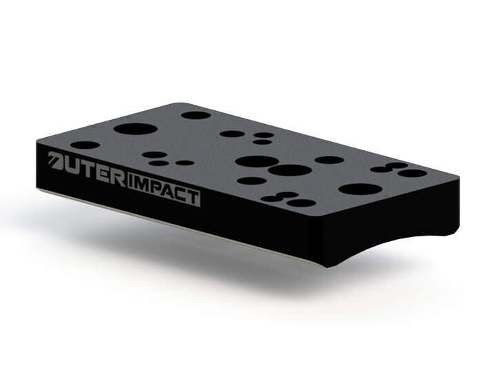Schwarze Montageplatte mit verschiedenen Löchern und dem Logo 'OUTER IMPACT' auf der Seite