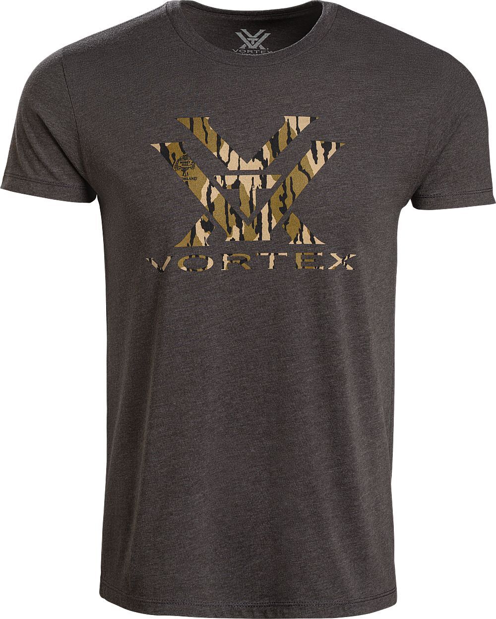Vortex Mossy Oak Bottomland Camo Core Logo T-Shirt in Dunkelgrau mit großem Vortex-Logo im Mossy Oak Bottomland Tarnmuster auf der Front, Kurzarmshirt für Jäger