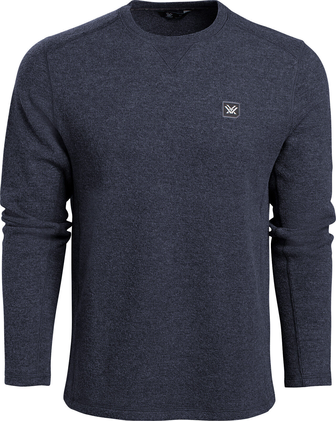 Dunkelblauer Langarmpullover mit Rundhalsausschnitt und kleinem Logo auf der Brust