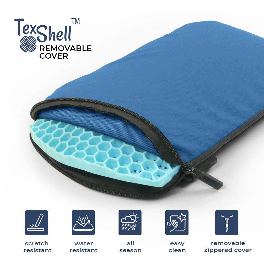 Nahaufnahme einer blauen TexShell Hülle mit Reißverschluss, die einen honigwabenförmigen Einsatz zeigt. Merkmale sind Kratzfestigkeit, Wasserabweisung und einfache Reinigung.