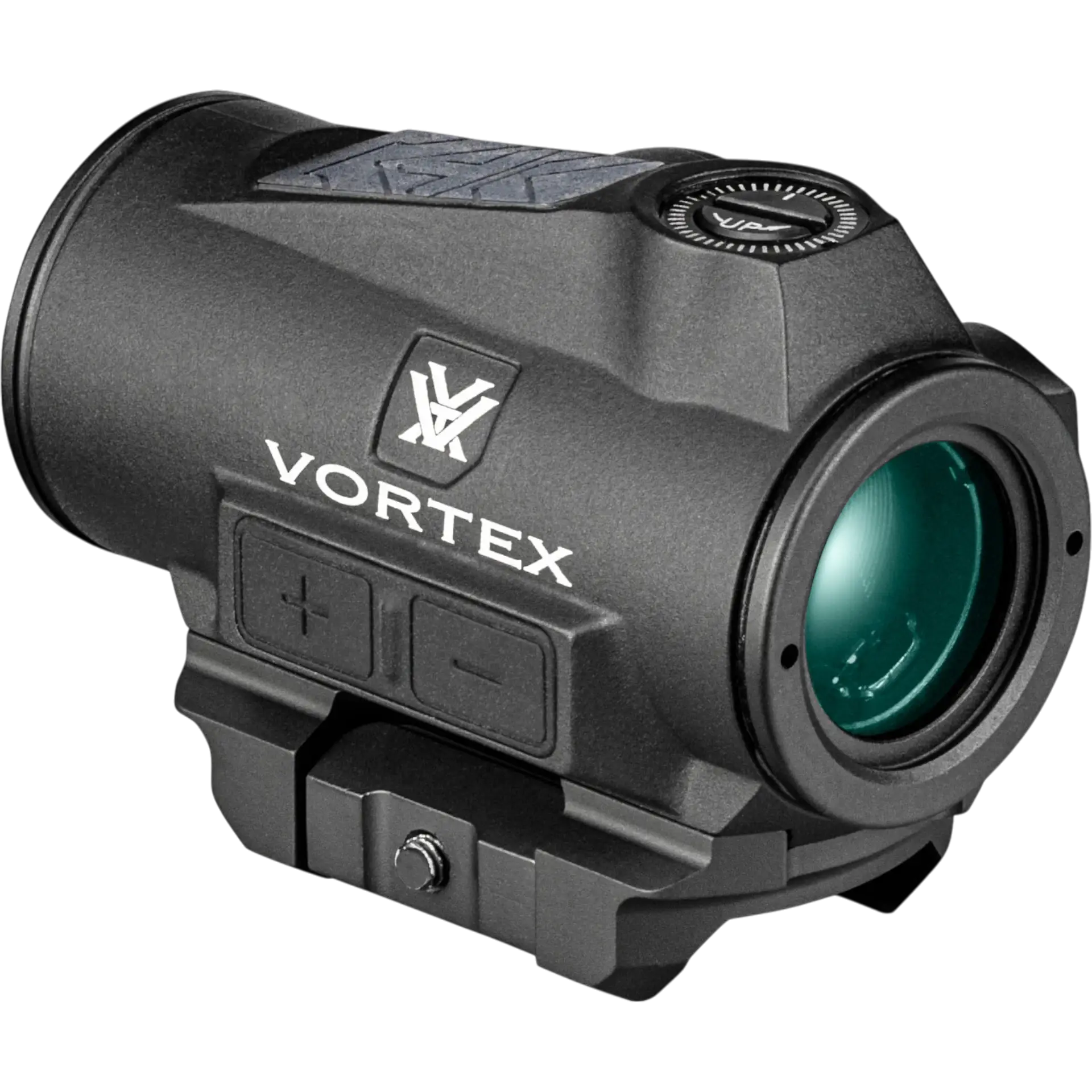 Schwarzes Vortex Rotpunktvisier mit grün vergüteter Linse, seitlichen Bedientasten und Montage zur Befestigung auf Waffen für präzises Zielen
