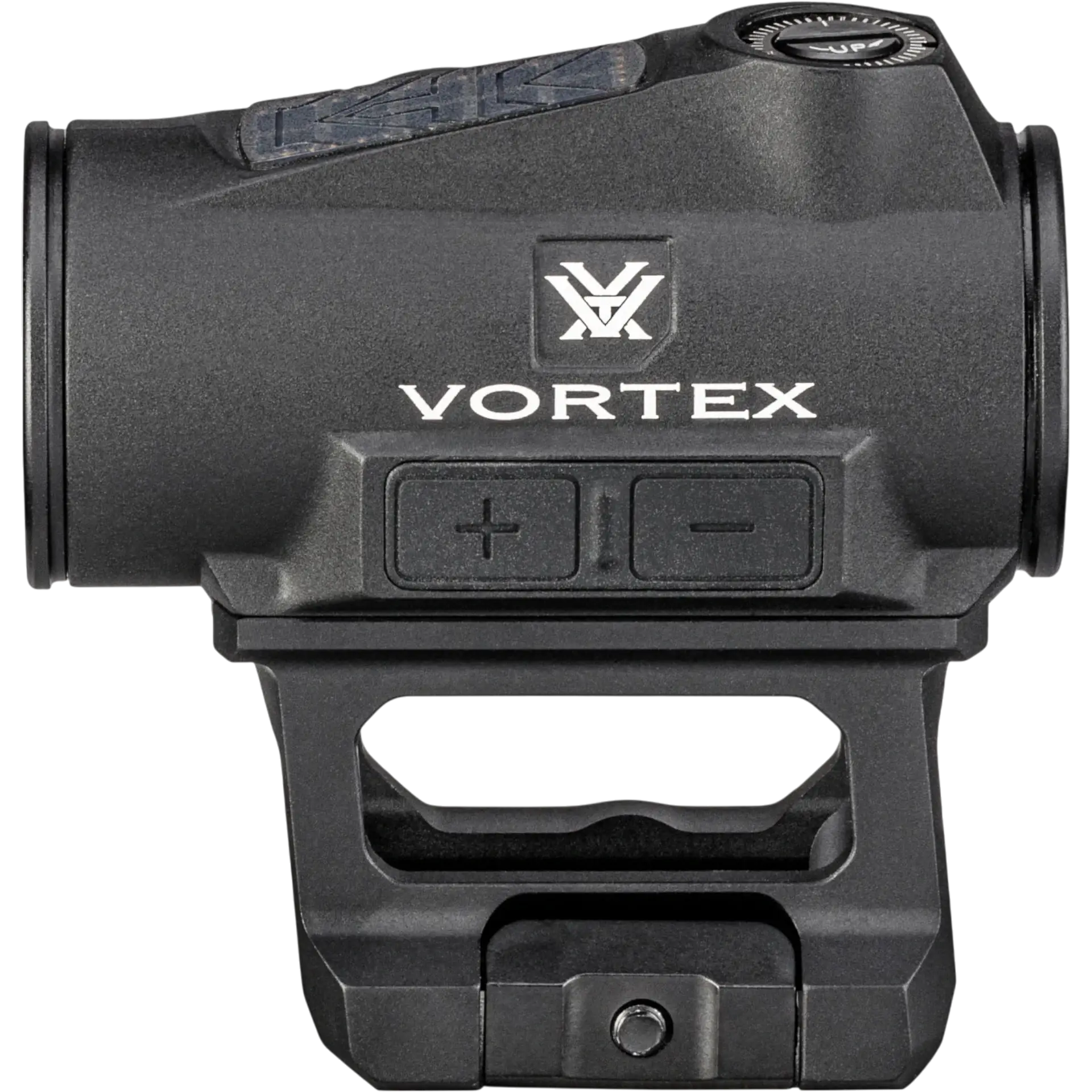 Seitenansicht eines Vortex Rotpunktvisiers mit Bedientasten und Montage für präzises Schießen auf Jagd- und Sportwaffen
