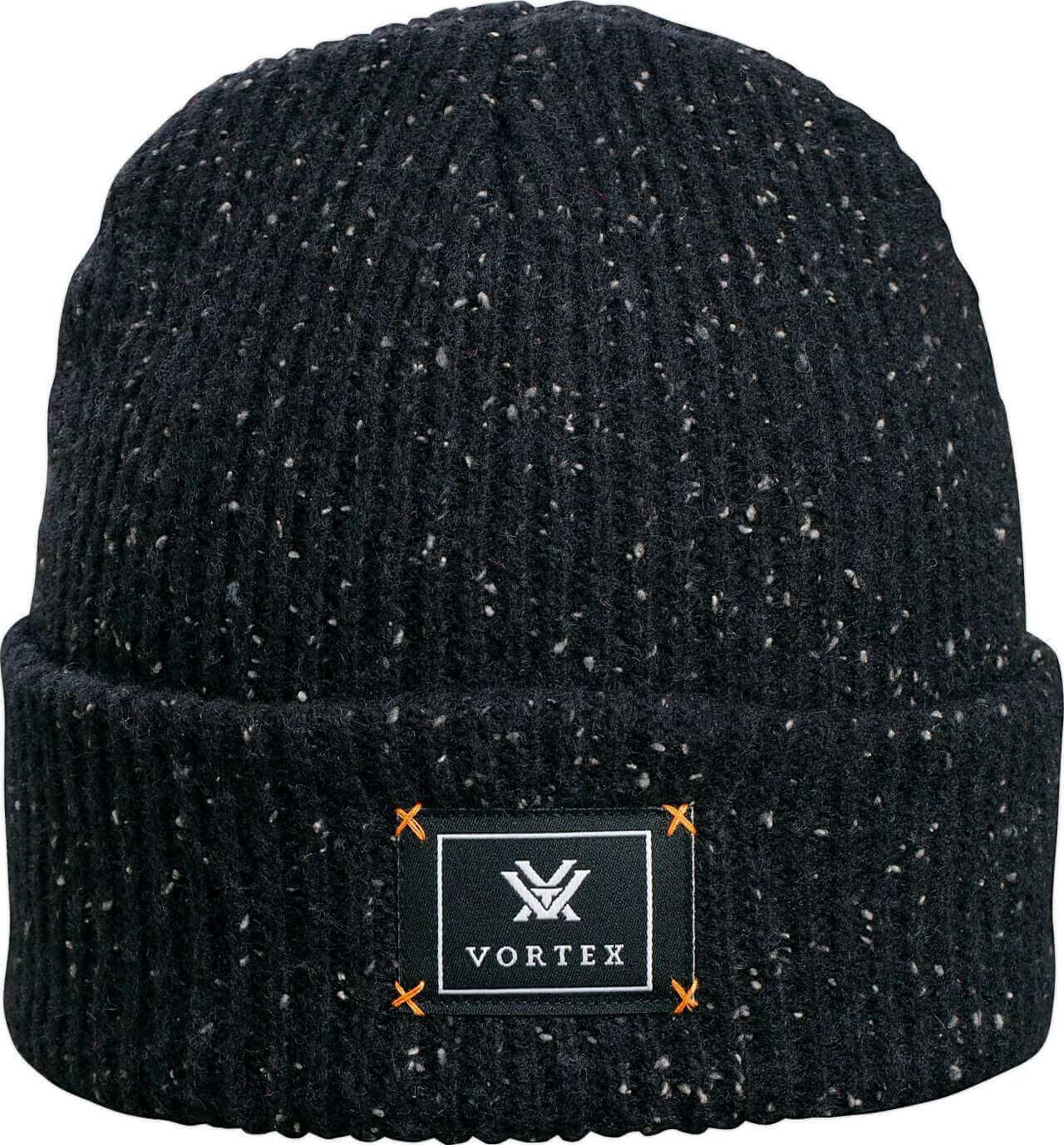 Schwarze Strickmütze mit Vortex-Logo und aufgerauter Textur