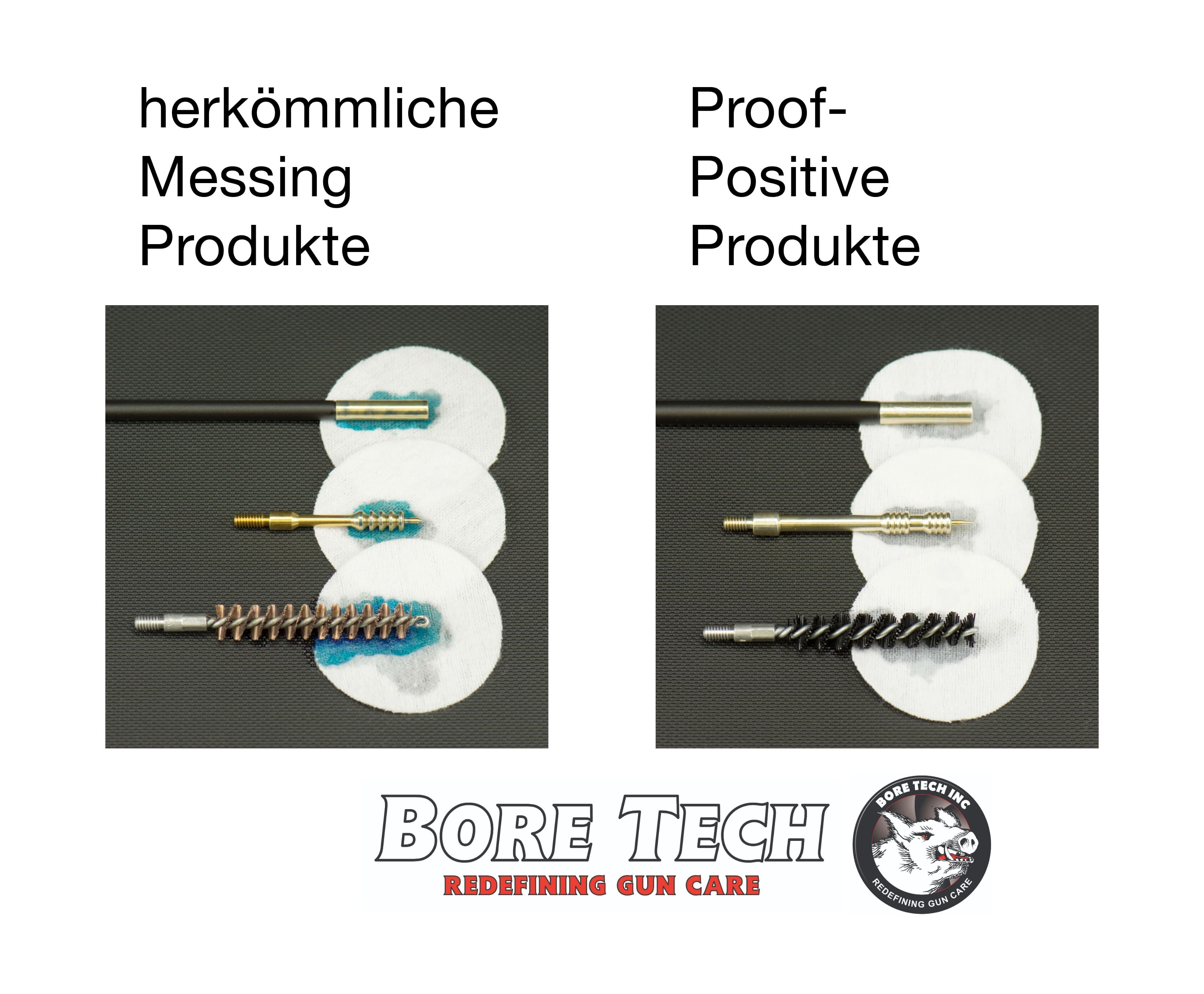 Zwei Sets von Waffenreinigungsbürsten und -stäben: links herkömmliche Messing-Produkte, rechts Proof-Positive-Produkte von Bore Tech.