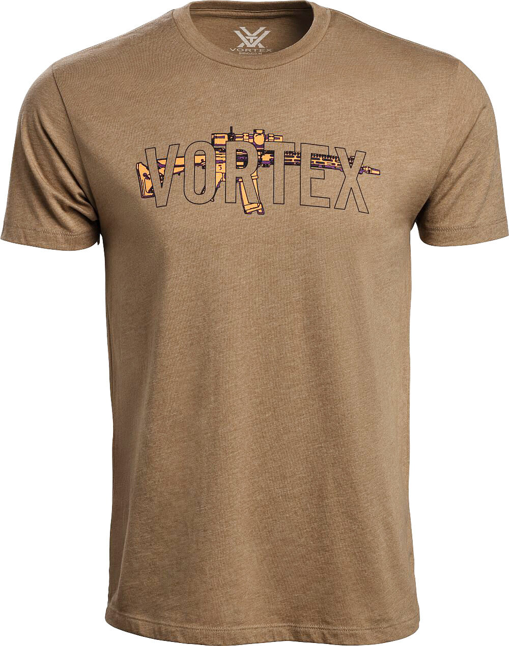Vortex Precision Profile T-Shirt in Coyote, kurzärmeliges Sportschützen-Shirt aus Baumwoll-Polyester-Mix mit Vortex Logo und modernem Gewehr-Print auf der Brust